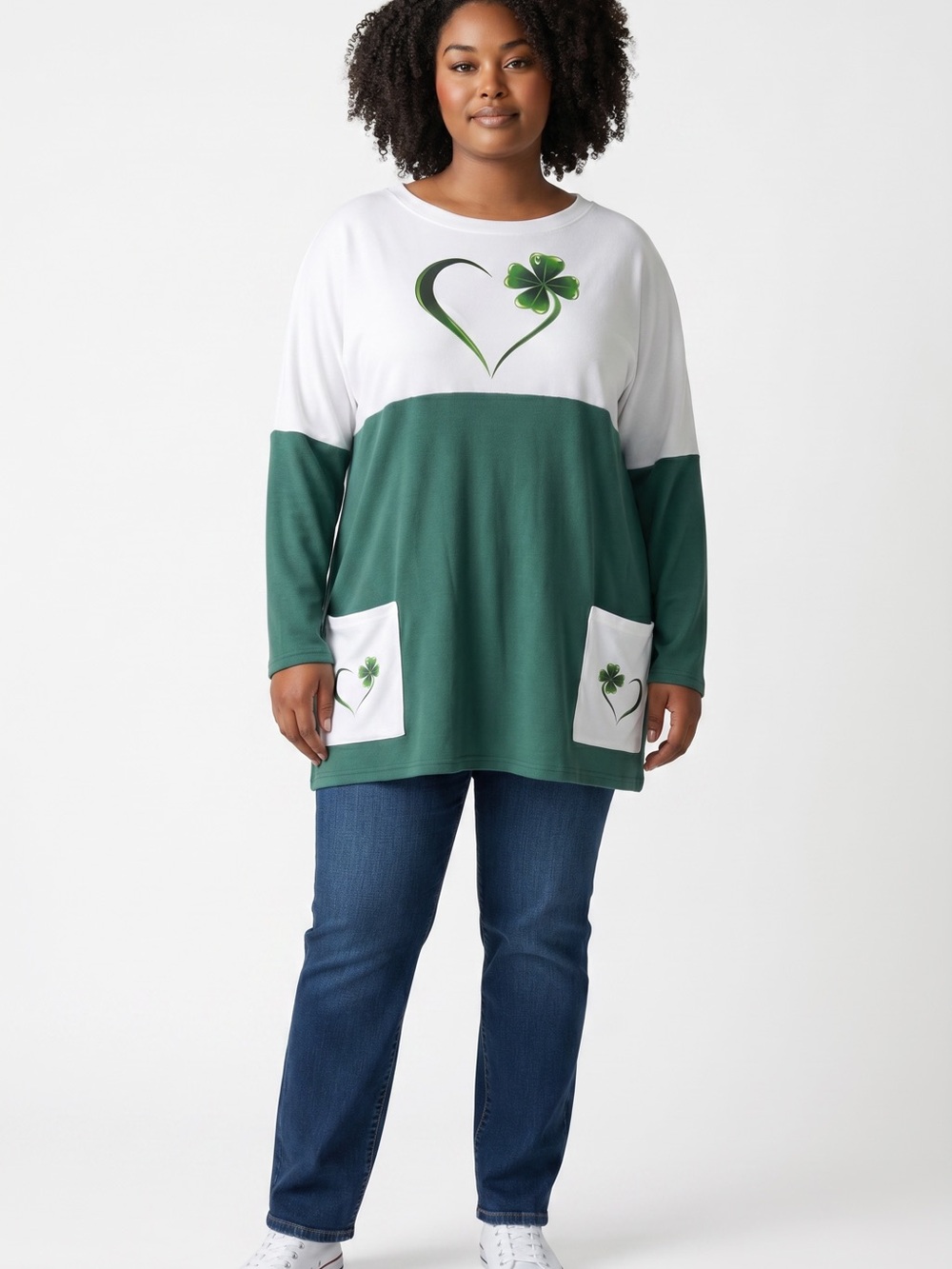 Green & White Shamrock Heart Tunic Top